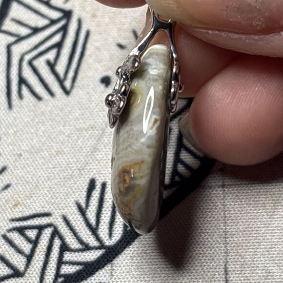 Multicolored Tan Orange and Green Polished Stone Teardrop Shaped Pendant - Picture 6 of 7